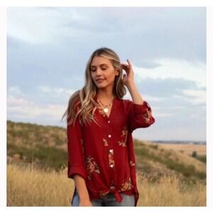 Anthropologie Fig & Flower Embroidered Floral Button Up Roll Tab Sleeve Tunic 3X